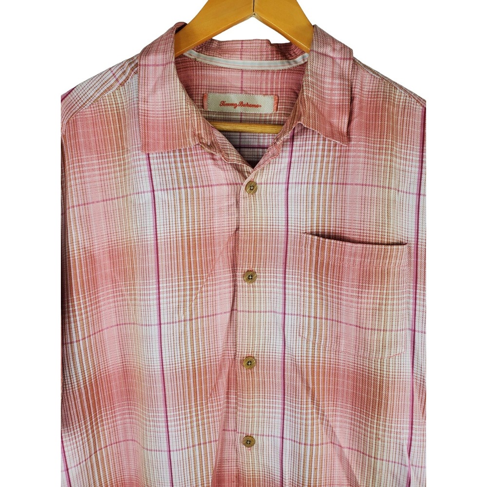 Tommy Bahama Mens L 100% Silk Pink Plaid Short Sleeve Button Up Camp Shirt